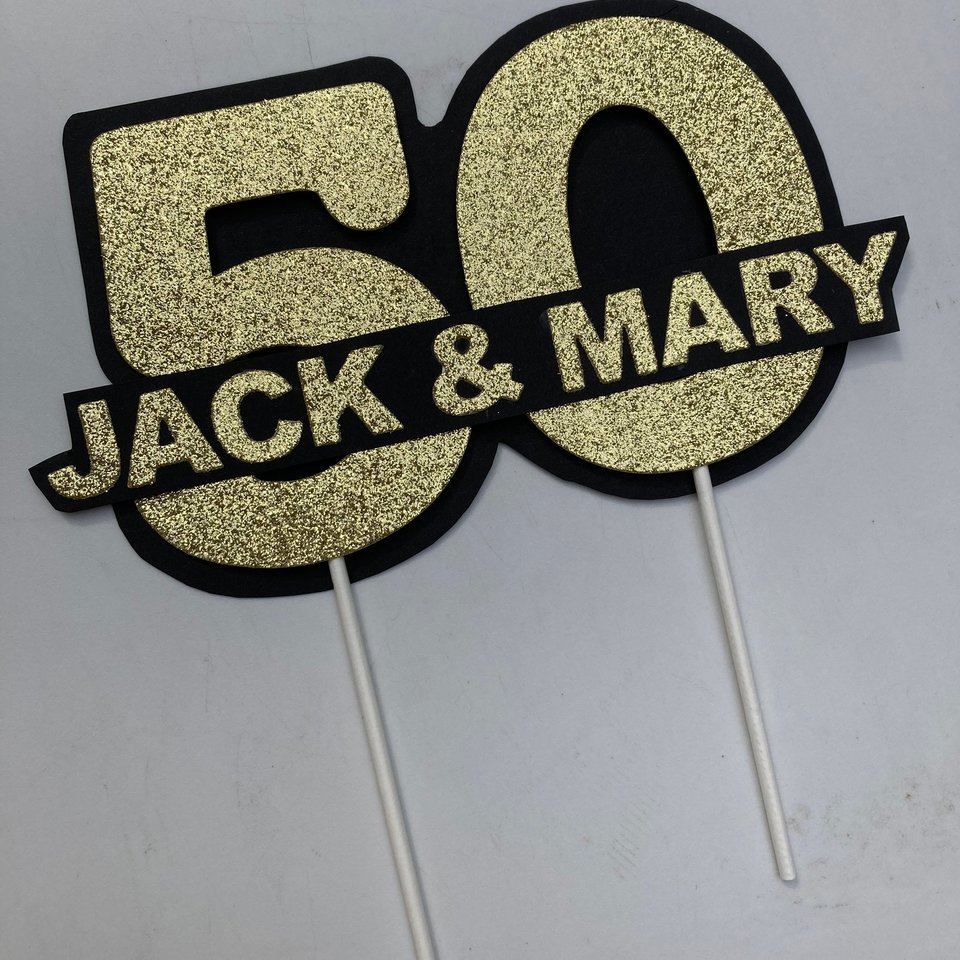 Personalized gold glitter 50th anniversary cake topper, custom name, elegant number 50 decoration, gold wedding celebration decor