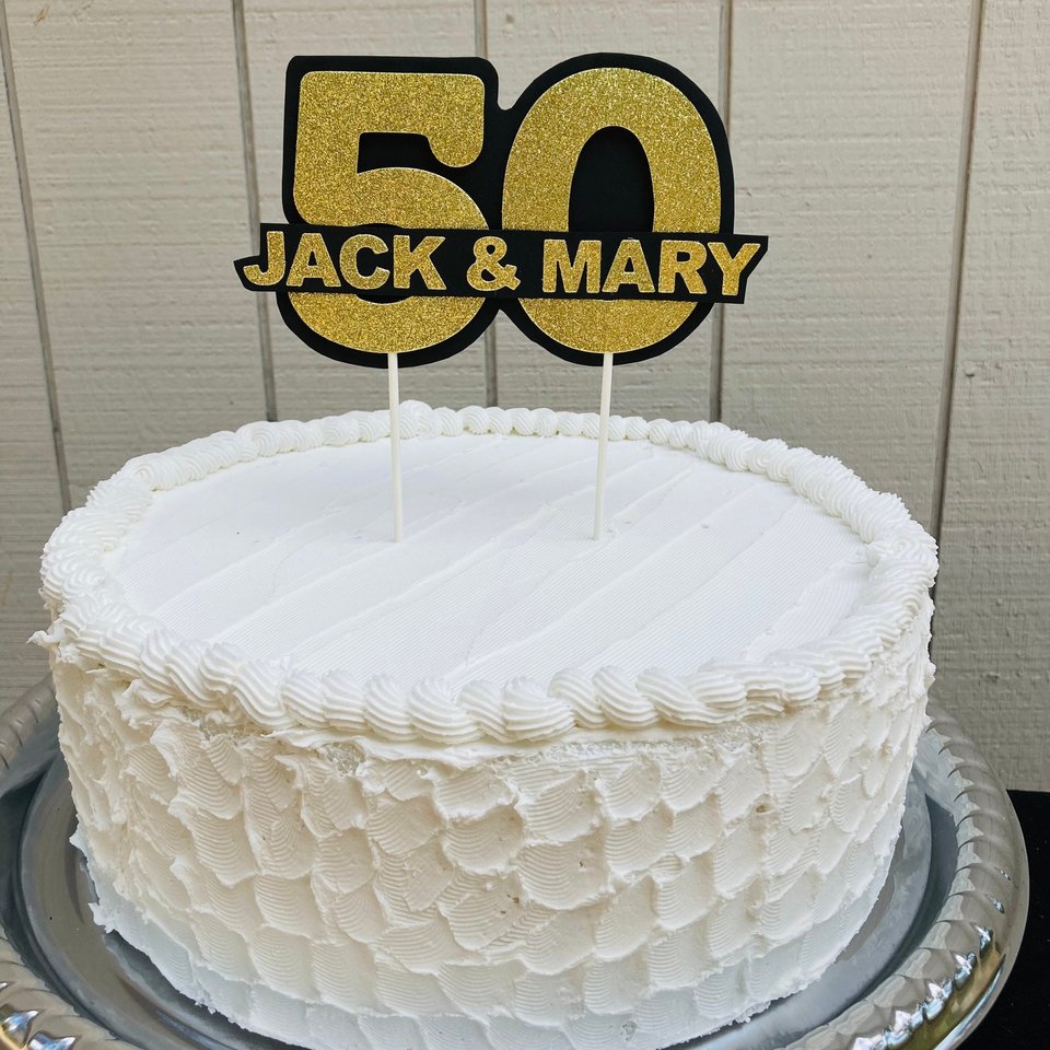 Personalized gold glitter 50th anniversary cake topper, custom name, elegant number 50 decoration, gold wedding celebration decor