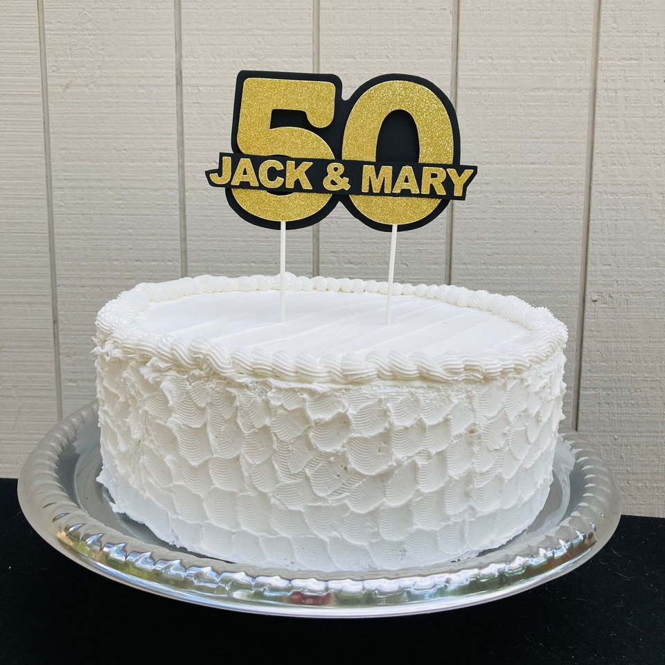 Personalized gold glitter 50th anniversary cake topper, custom name, elegant number 50 decoration, gold wedding celebration decor
