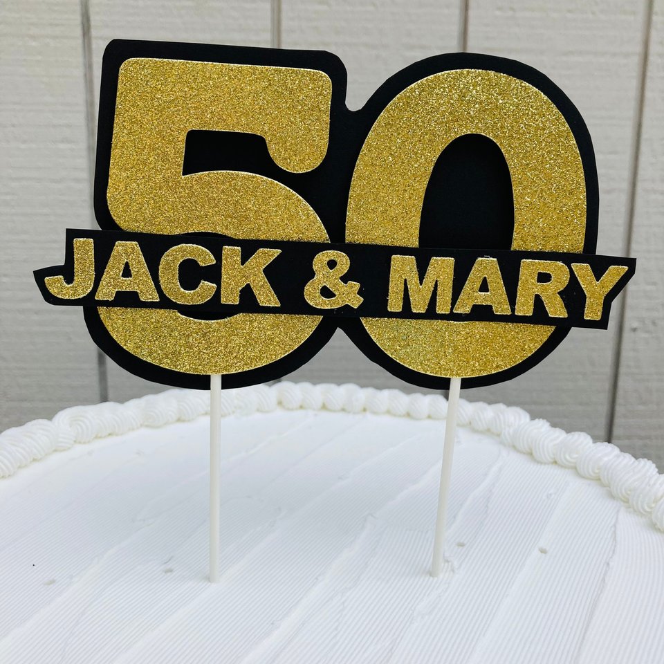 Personalized gold glitter 50th anniversary cake topper, custom name, elegant number 50 decoration, gold wedding celebration decor