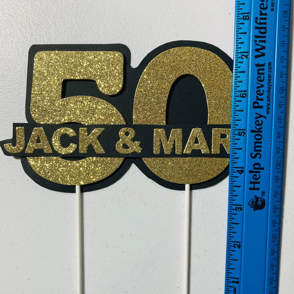 Personalized gold glitter 50th anniversary cake topper, custom name, elegant number 50 decoration, gold wedding celebration decor