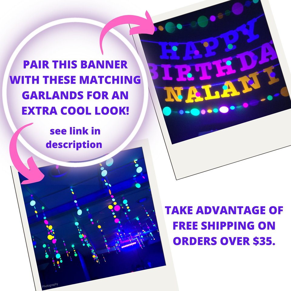 Glow Party Birthday Banner, Neon fluorescent birthday banner with garlands, UV Reflective Birthday Banner, Glow Party Decor