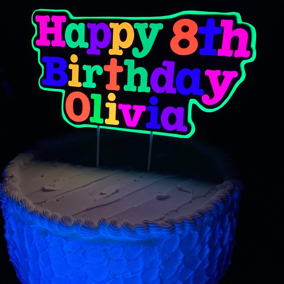 Bright Neon Personalized Glow Birthday Party Cake Topper, Customized Black Light Party Centerpiece, Cake Ornament Decoration, Happy Birthday