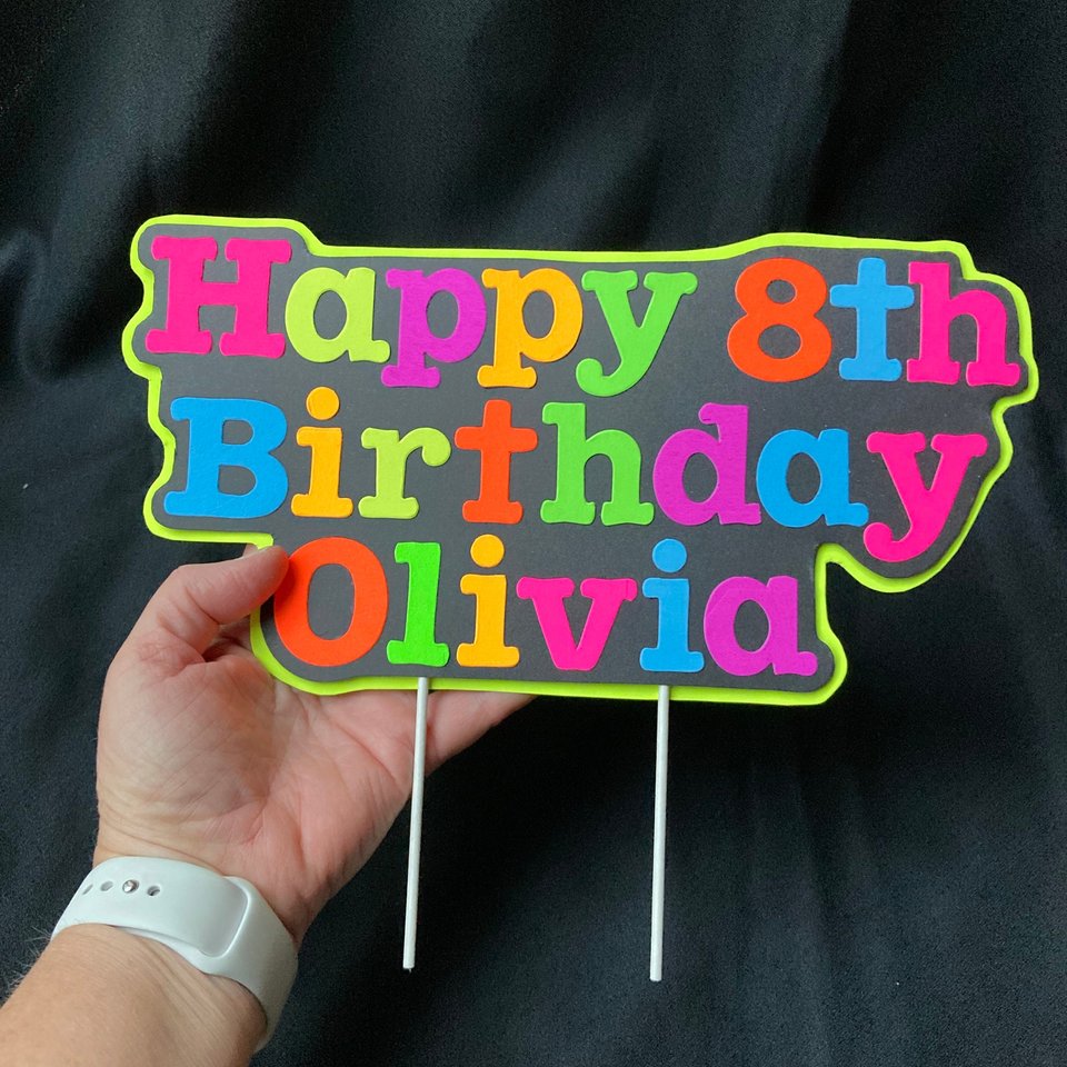 Bright Neon Personalized Glow Birthday Party Cake Topper, Customized Black Light Party Centerpiece, Cake Ornament Decoration, Happy Birthday