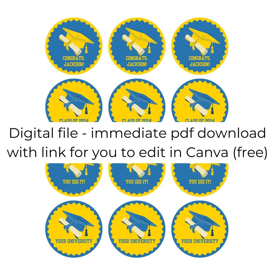 Digital Download Editable Graduation Cupcake Toppers, UCLA Cupcake toppers, UCLA blue and gold colors, DIY Personalized Grad Party Decor