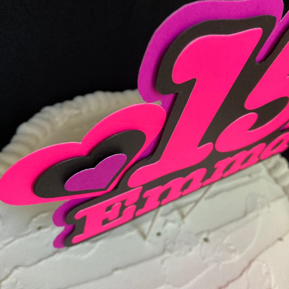 Pink and Purple Heart Neon Glow Party Cake Topper, Quineañera Black Light Party Decor, Personalized Name and Age Birthday Cake Decoration,