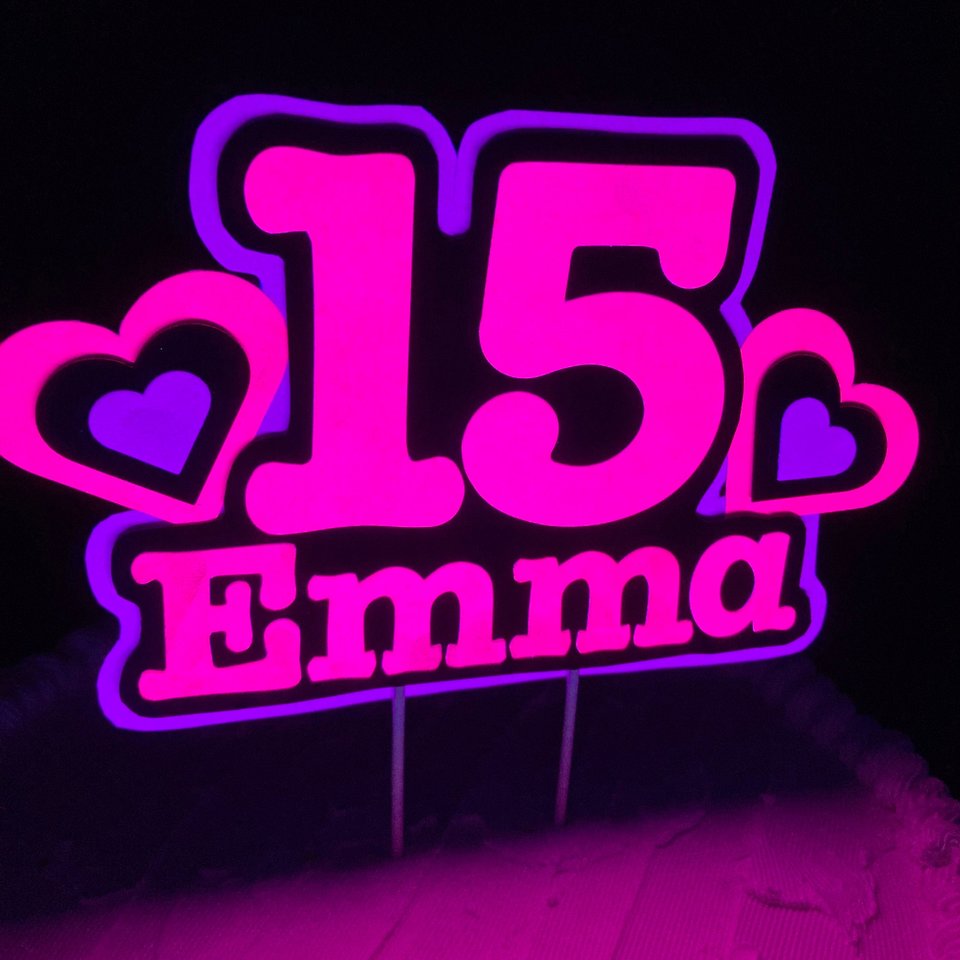 Pink and Purple Heart Neon Glow Party Cake Topper, Quineañera Black Light Party Decor, Personalized Name and Age Birthday Cake Decoration,