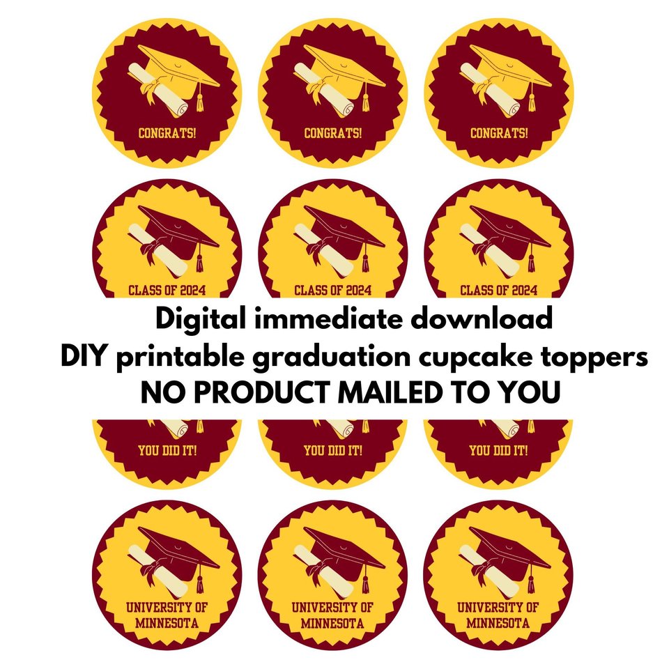 Printable University of Minnesota Graduation Cupcake Toppers, Digital Graduation Decor, Maroon and Gold Graduation Party Cupcake Decorations