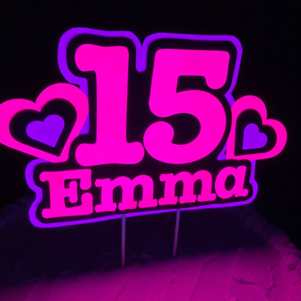 Pink and Purple Heart Neon Glow Party Cake Topper, Quineañera Black Light Party Decor, Personalized Name and Age Birthday Cake Decoration,