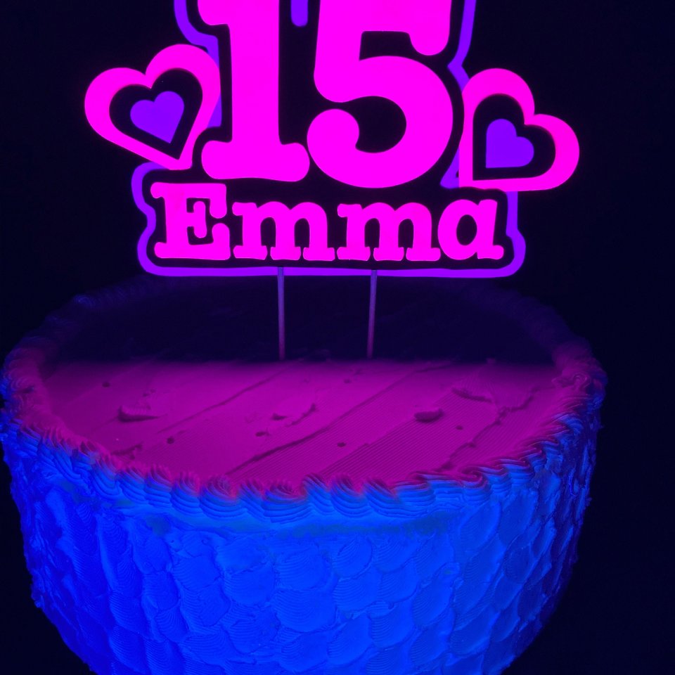 Pink and Purple Heart Neon Glow Party Cake Topper, Quineañera Black Light Party Decor, Personalized Name and Age Birthday Cake Decoration,
