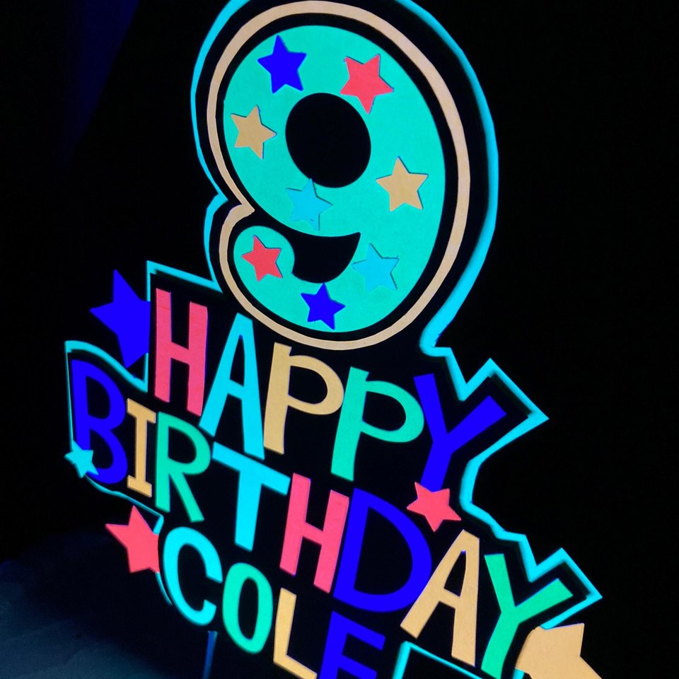 Personalized Boy Glow Party Cake Topper, Neon Birthday Cake Decor, Birthday Decoration, Glow in the Dark Supplies, Neon Skate, 9th Birthday