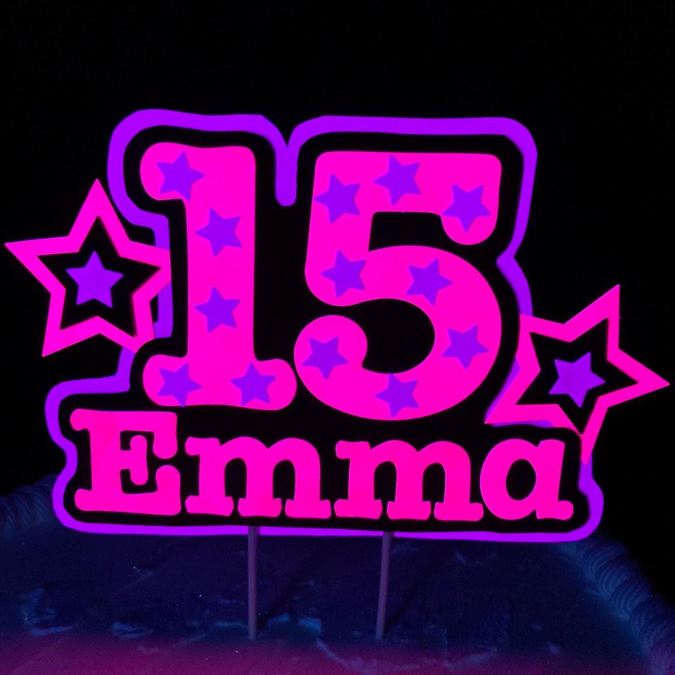 Neon Pink Purple Star Birthday Cake Topper, Quineañera Black Light Celebration Decor, Handmade Personalized Name and Age Cake Centerpiece