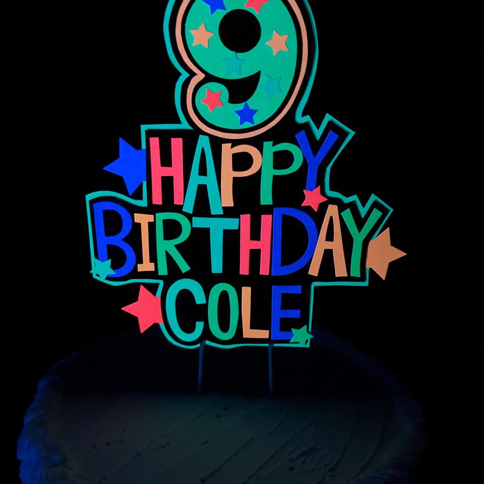 Personalized Boy Glow Party Cake Topper, Neon Birthday Cake Decor, Birthday Decoration, Glow in the Dark Supplies, Neon Skate, 9th Birthday