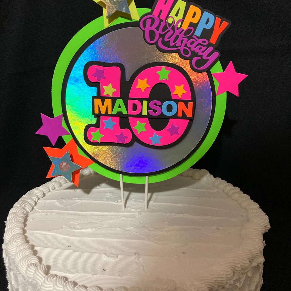 LED Lights Glow Party Neon Birthday Cake Topper, Personalized Age and Name Topper, UV Fluorescent Cake Decoration, Star Cake Centerpiece