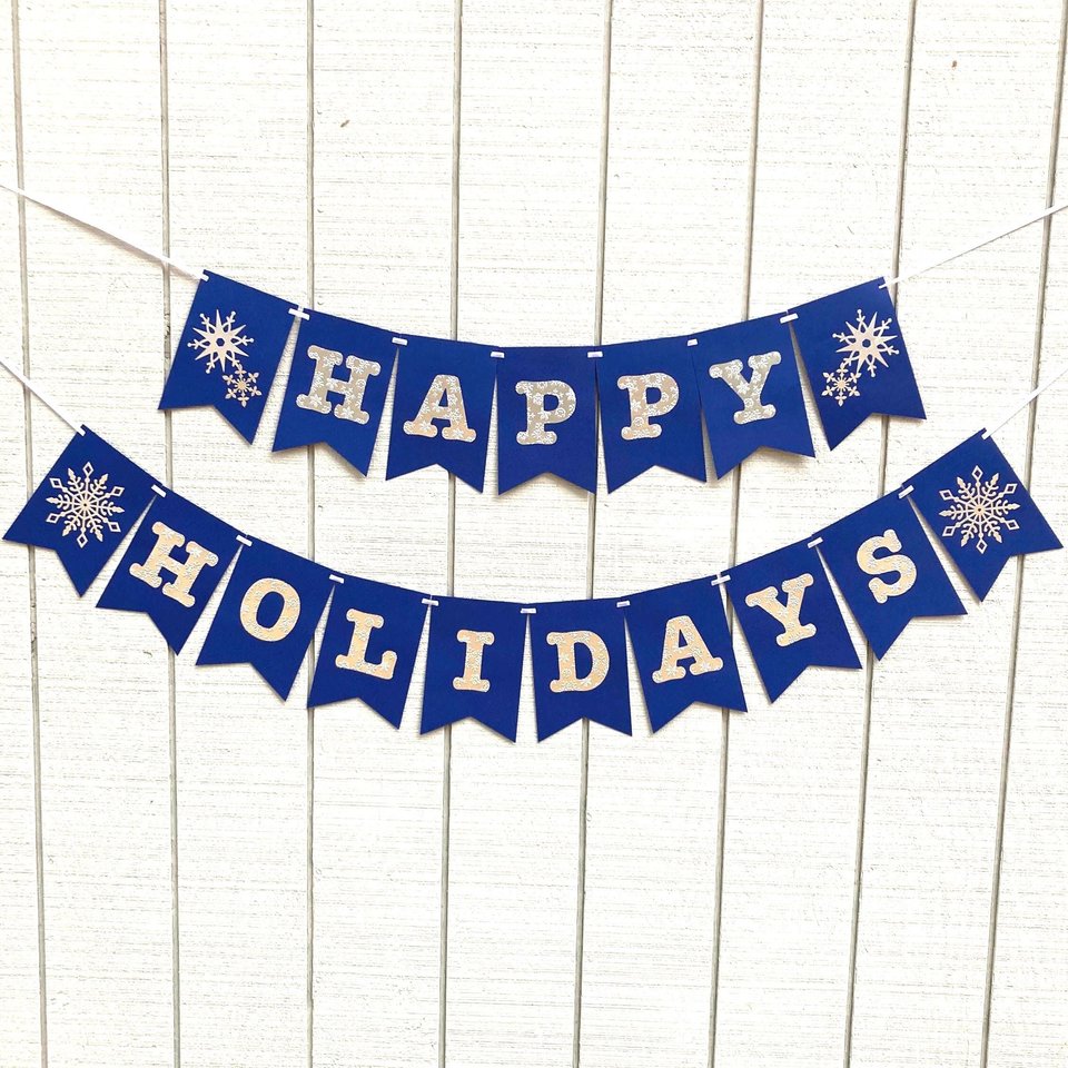 Happy Holidays navy and silver banner, snowflake holiday banner, winter party decor, Christmas mantel decoration, embossed card stock banner