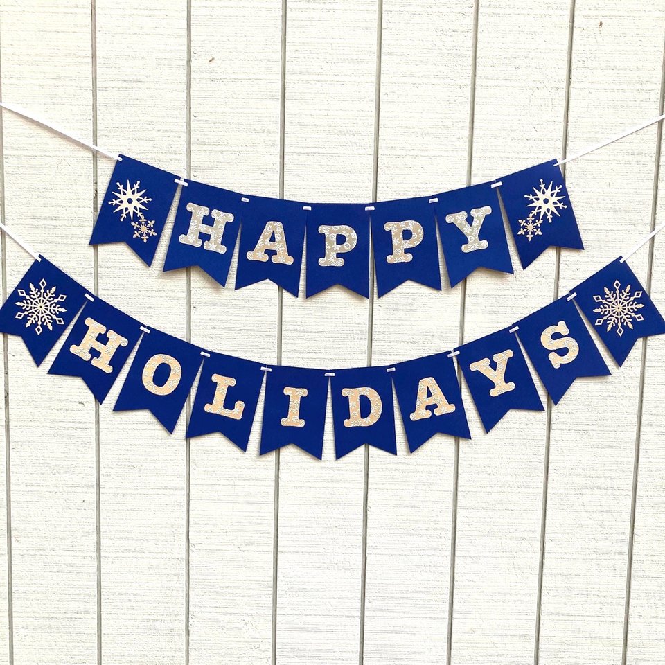 Happy Holidays navy and silver banner, snowflake holiday banner, winter party decor, Christmas mantel decoration, embossed card stock banner
