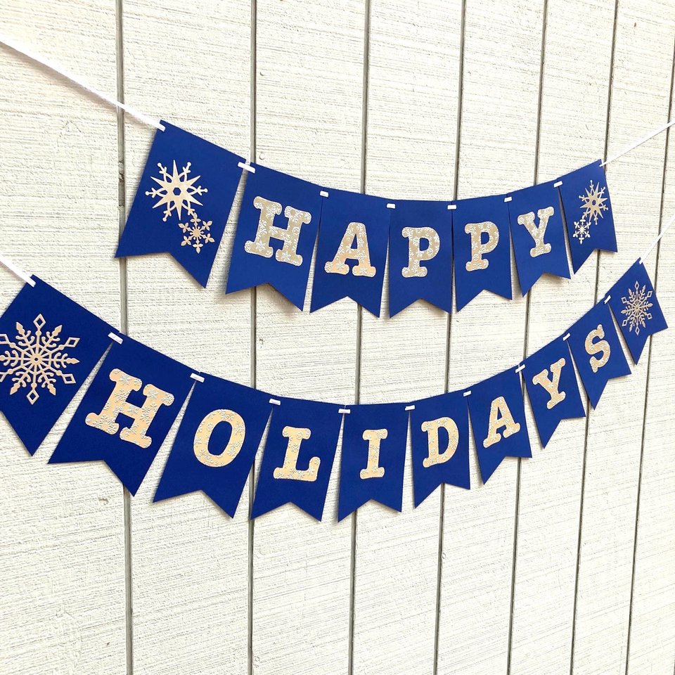 Happy Holidays navy and silver banner, snowflake holiday banner, winter party decor, Christmas mantel decoration, embossed card stock banner