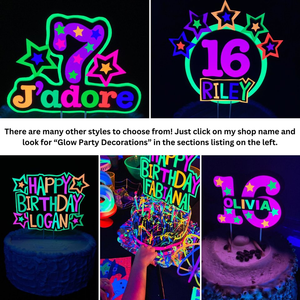 Light-up Neon Cake Topper, Glow Party Birthday Sign, 7th Birthday, Custom Birthday Cake Decoration, Glow in the Dark, Blacklight Party