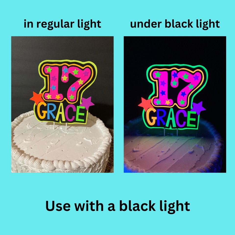 Light-up Neon Cake Topper, Glow Party Birthday Sign, 7th Birthday, Custom Birthday Cake Decoration, Glow in the Dark, Blacklight Party