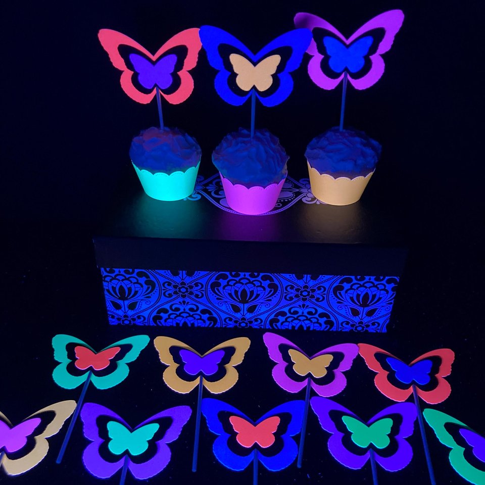 Neon Butterfly Cupcake Toppers, Glow Party Decoration, Glow in the Dark Butterflies, Black Light Cupcake Decor, UV Reflective Toppers