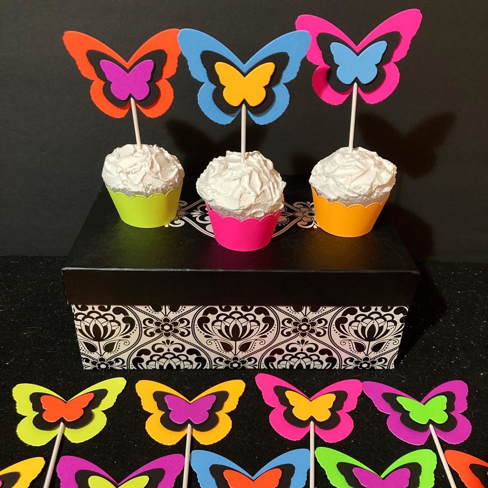 Neon Butterfly Cupcake Toppers, Glow Party Decoration, Glow in the Dark Butterflies, Black Light Cupcake Decor, UV Reflective Toppers