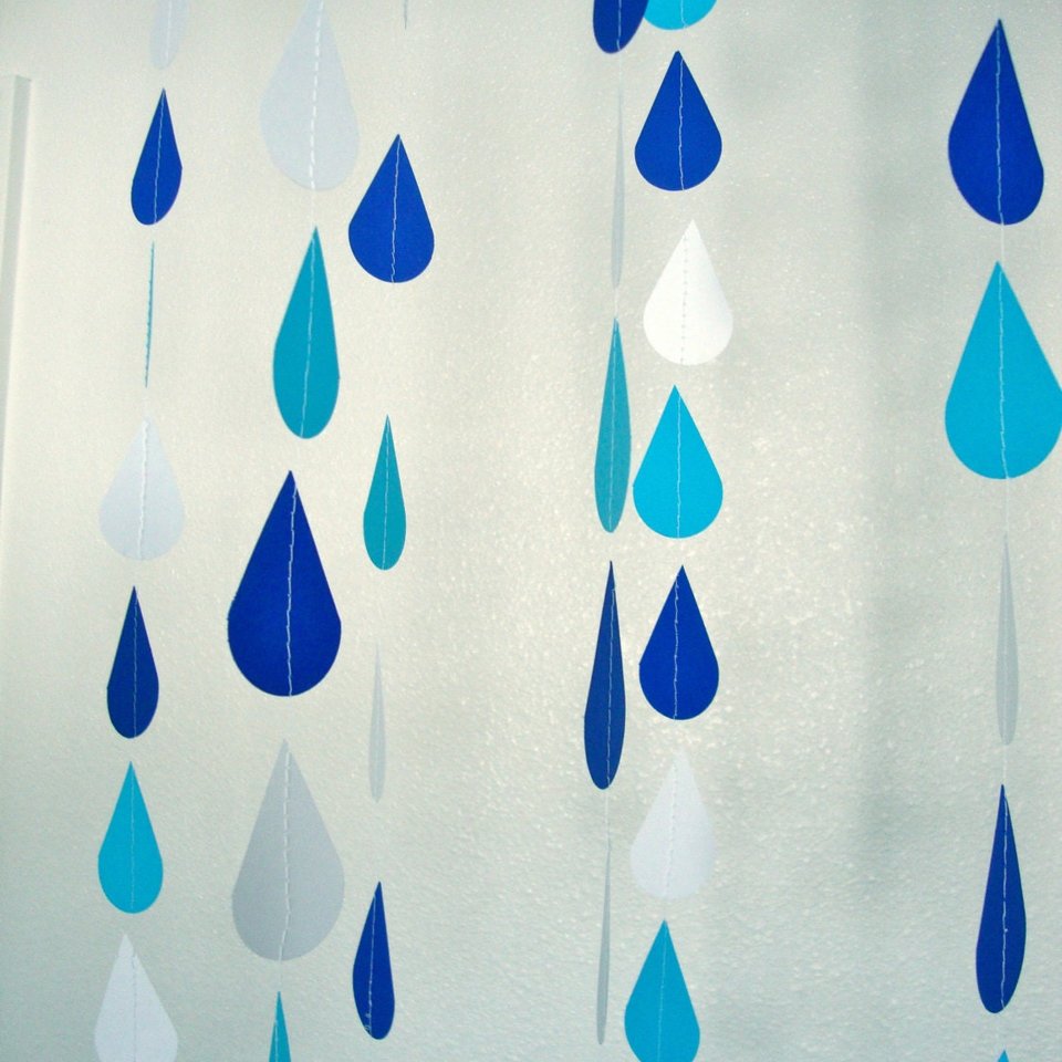 Blue Baby Shower Raindrop Garland Set of Five, Handmade Blue and White Paper Rain Streamer, Baby Boy Shower Decor, Baby Sprinkle Bunting,