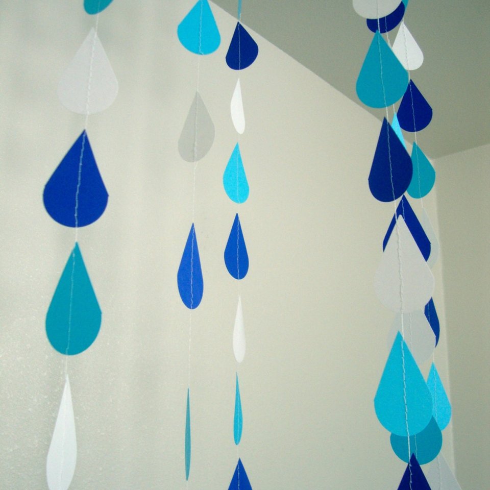 Blue Baby Shower Raindrop Garland Set of Five, Handmade Blue and White Paper Rain Streamer, Baby Boy Shower Decor, Baby Sprinkle Bunting,