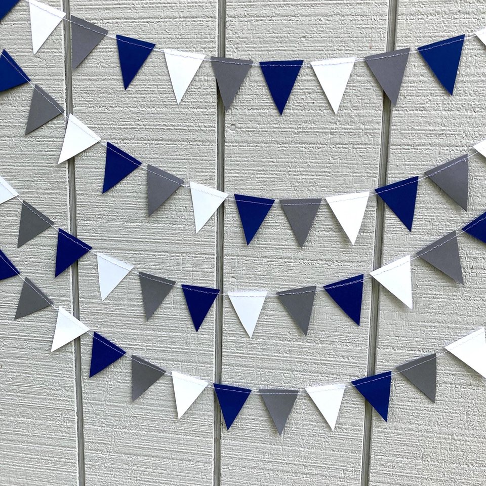 Georgetown graduation party garland, Navy White Gray Triangle Bunting, University of North Florida, Dorm Streamers, Colorado School of Mines