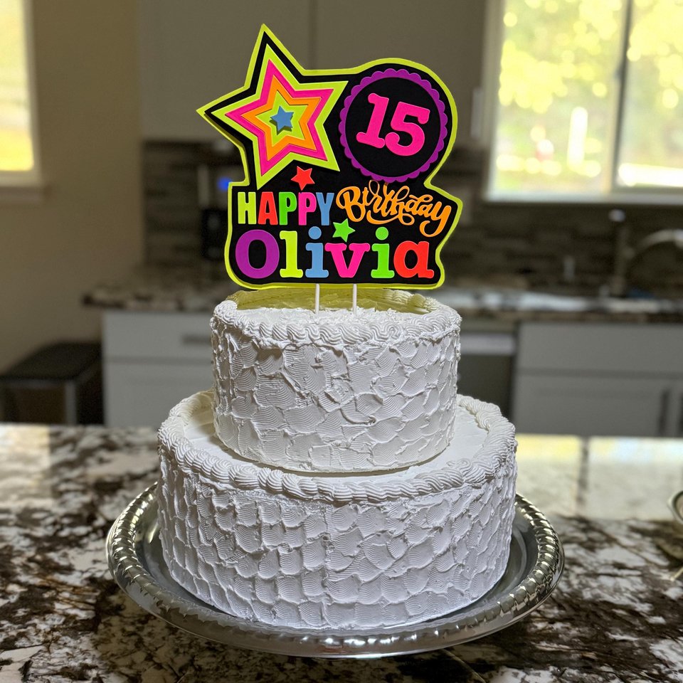 Quinceañera Glow Party Cake Topper, Blacklight Birthday Sign, Personalized Cake Decoration with Name and Age