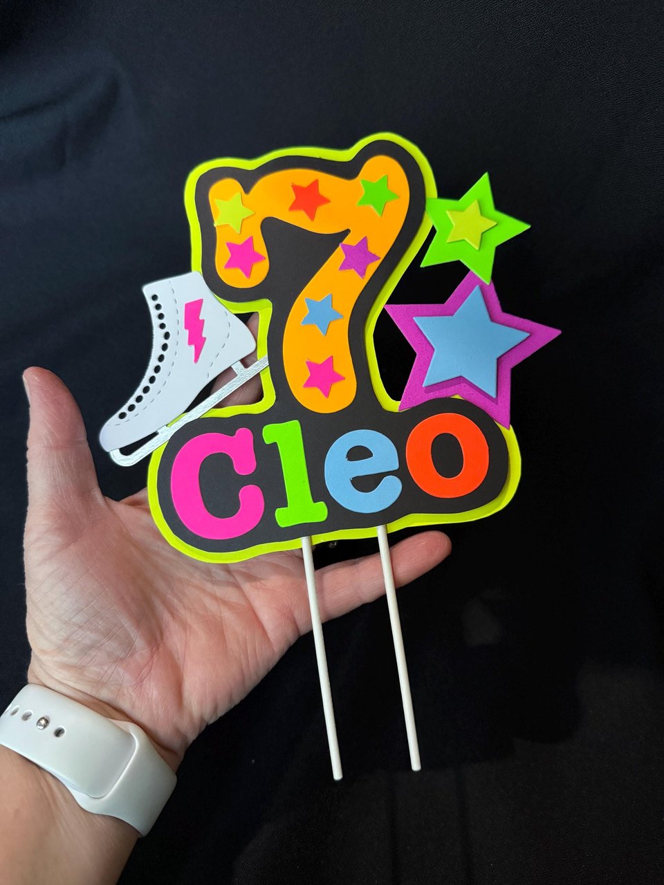 Ice Skate Birthday Party Cake Topper, Personalized Neon Glow in the Dark Decoration