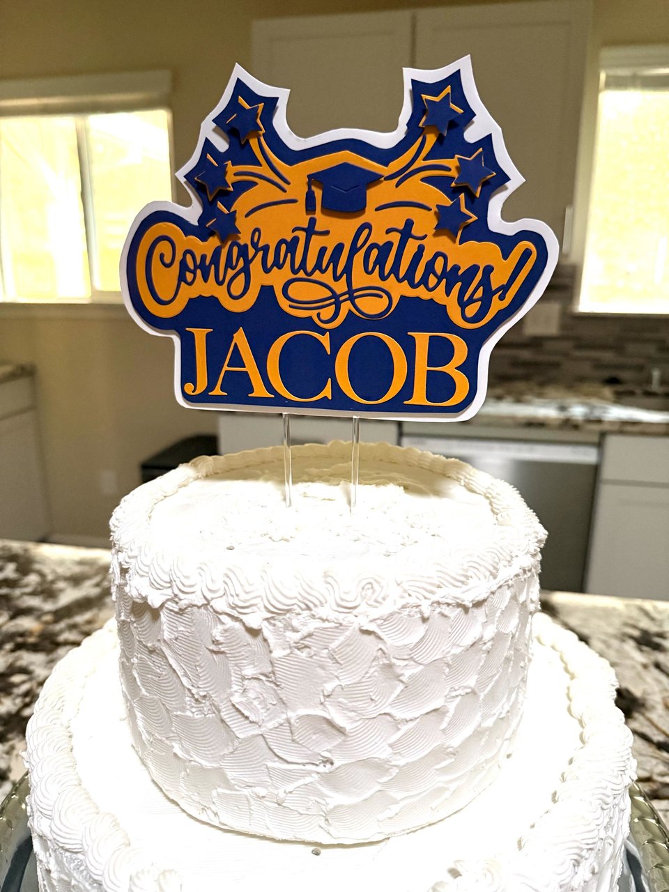 Navy and gold graduation cake topper, personalized Congratulations cake sign with name, University of California decor, U of Michigan