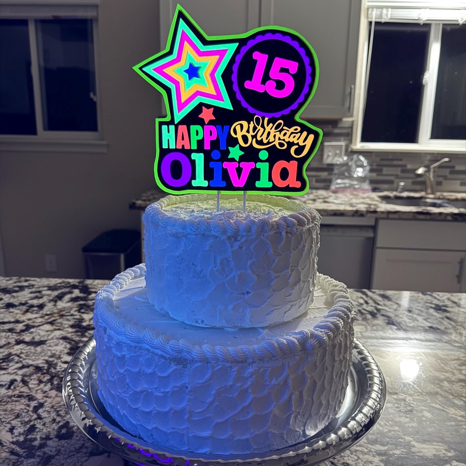 Quinceañera Glow Party Cake Topper, Blacklight Birthday Sign, Personalized Cake Decoration with Name and Age