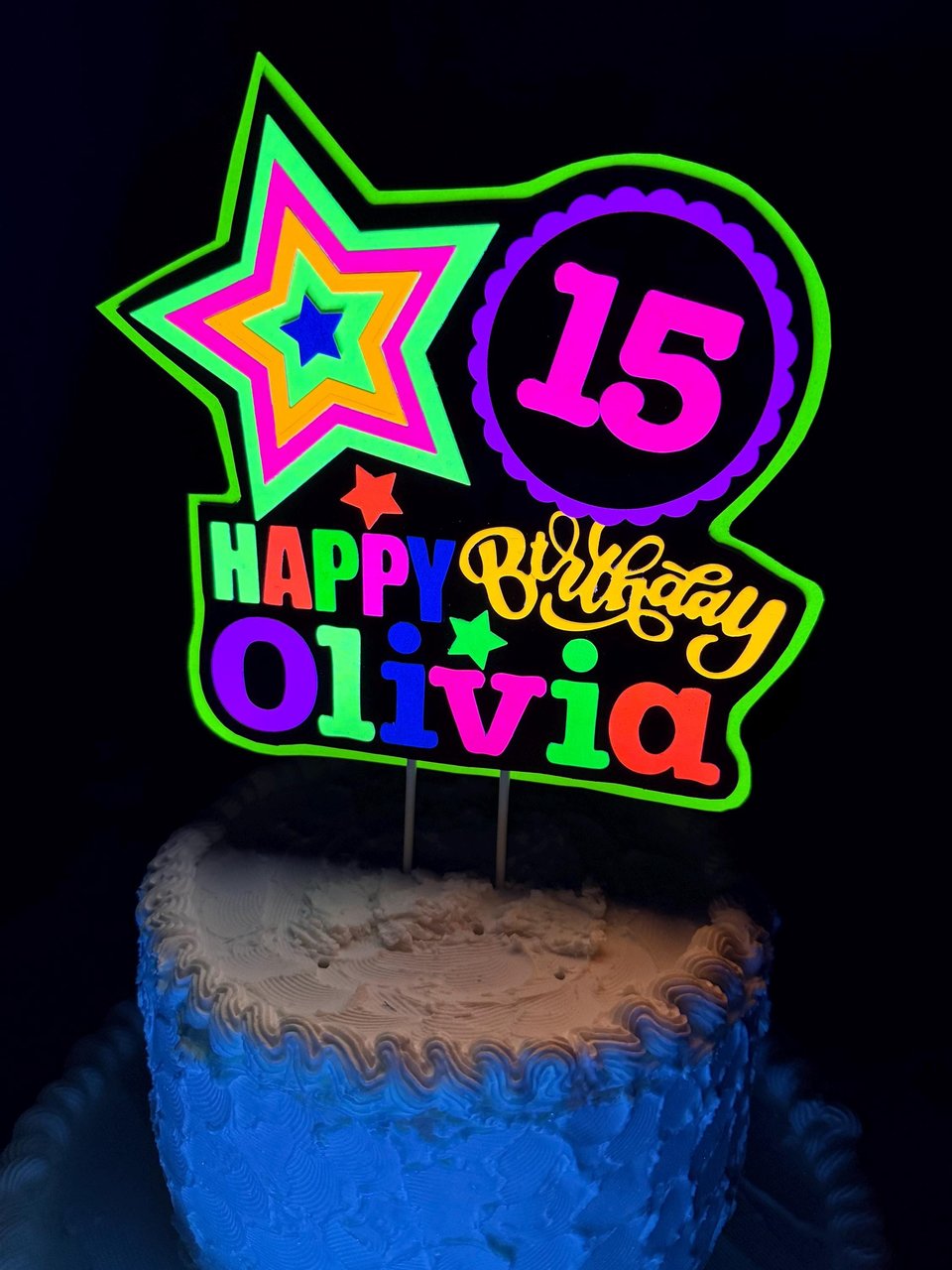 Quinceañera Glow Party Cake Topper, Blacklight Birthday Sign, Personalized Cake Decoration with Name and Age