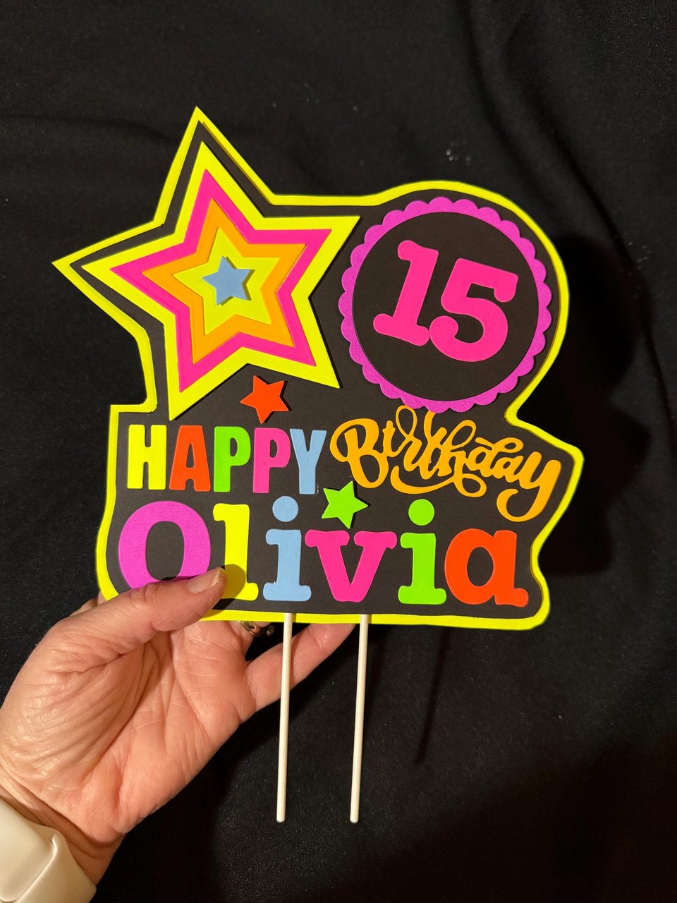Quinceañera Glow Party Cake Topper, Blacklight Birthday Sign, Personalized Cake Decoration with Name and Age