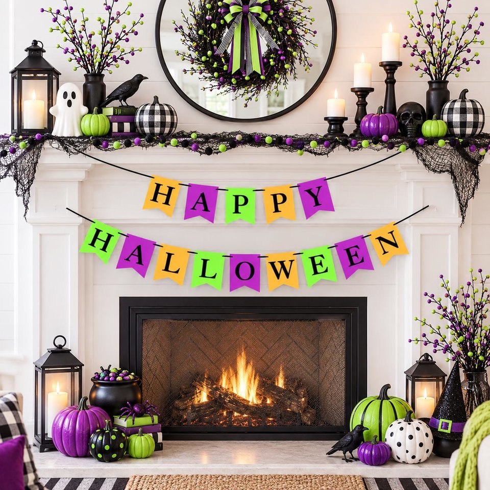 Halloween Banner, UV Glow in the Dark Happy Halloween Fireplace Mantel Sign