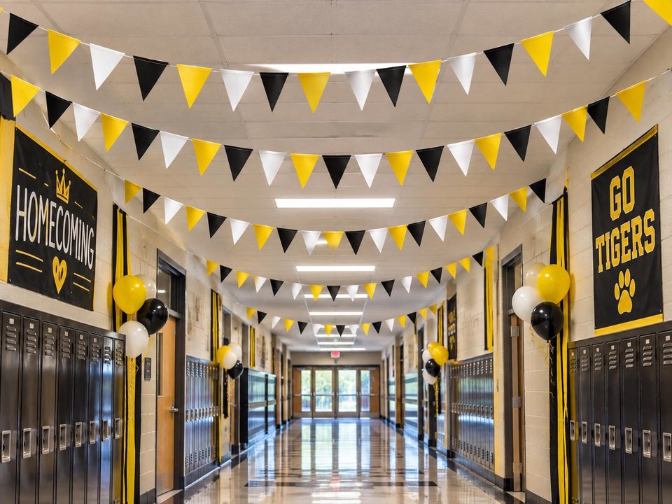 Sports Party Decor, Black Yellow and White Pennant Flag Streamers, Tailgate Party Bunting, College Game Day Celebration, Team Color Garlands