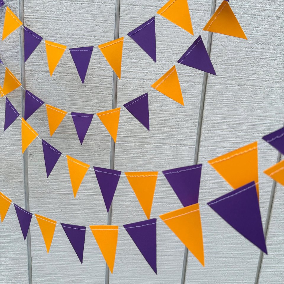 Sports Party Decor, Purple and Gold Pennant Flag Streamers, Tailgate Party Bunting, College Game Day Celebration, Team Color Garlands