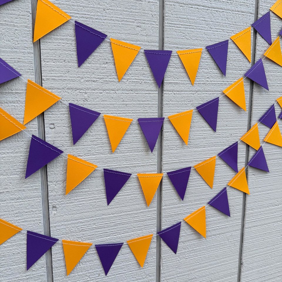 Sports Party Decor, Purple and Gold Pennant Flag Streamers, Tailgate Party Bunting, College Game Day Celebration, Team Color Garlands