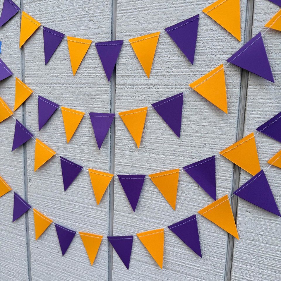 Sports Party Decor, Purple and Gold Pennant Flag Streamers, Tailgate Party Bunting, College Game Day Celebration, Team Color Garlands