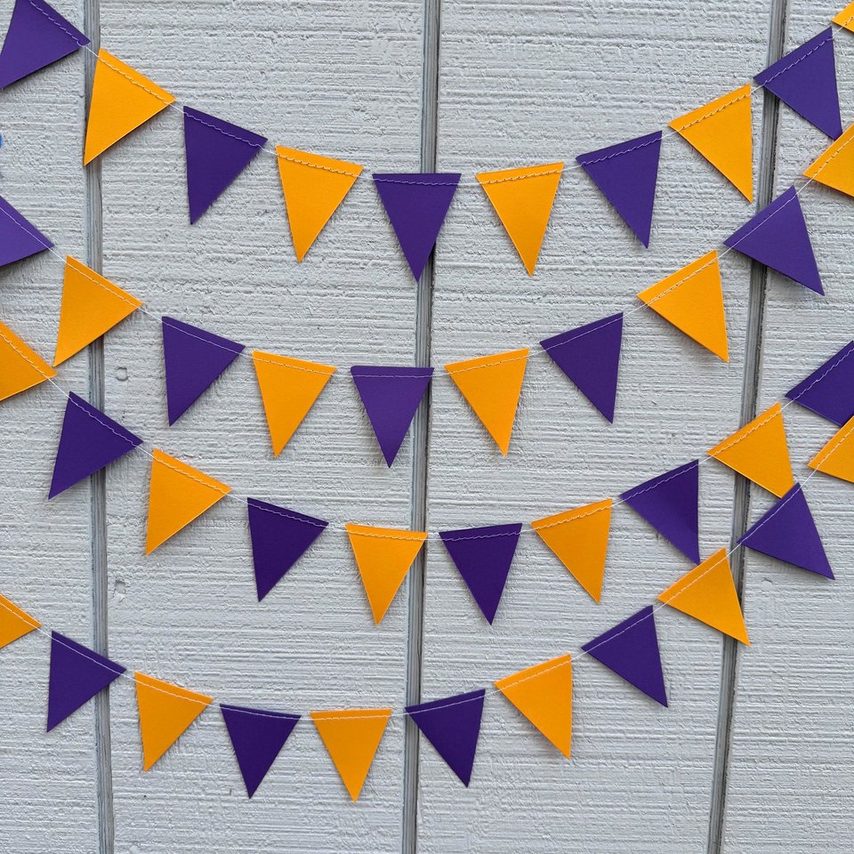 Sports Party Decor, Purple and Gold Pennant Flag Streamers, Tailgate Party Bunting, College Game Day Celebration, Team Color Garlands