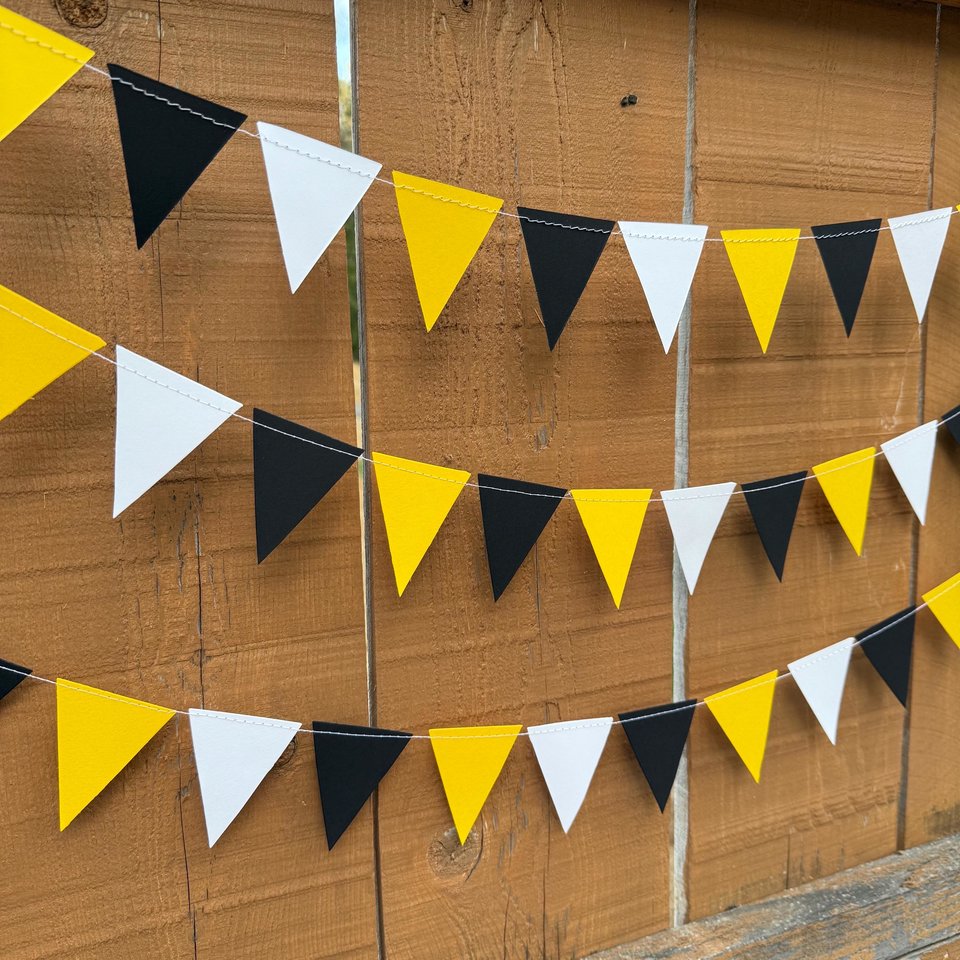 Sports Party Decor, Black Yellow and White Pennant Flag Streamers, Tailgate Party Bunting, College Game Day Celebration, Team Color Garlands