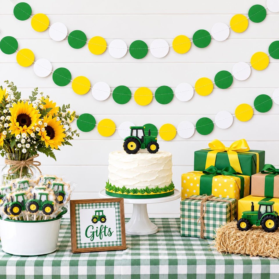 Tractor Birthday Garland, Green Yellow White Paper Circles, Farm Party Backdrop