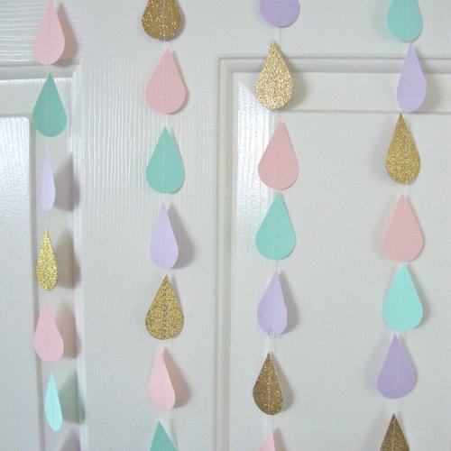 Gold Pink Mint Lavender Raindrop Baby Shower Garland, Pastel Raindrop Garland, Baby Sprinkle Decoration, Paper Drops, Hanging Raindrops