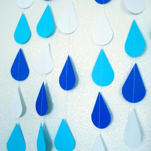 Blue Baby Shower Raindrop Garland Set of Five, Handmade Blue and White Paper Rain Streamer, Baby Boy Shower Decor, Baby Sprinkle Bunting,