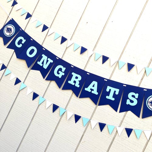 University of North Carolina Chapel Hill graduation banner, light blue and navy school colors, Congrats sign, personalized party banner