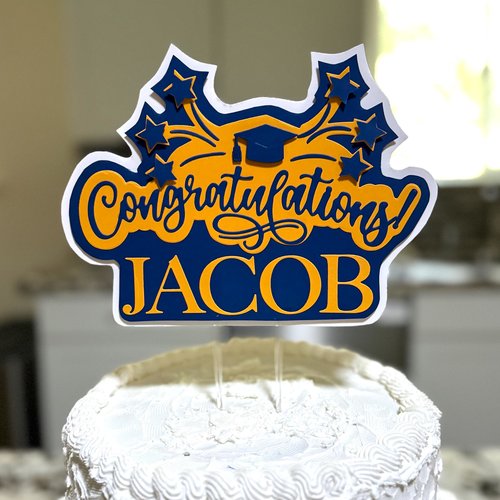 Navy and gold graduation cake topper, personalized Congratulations cake sign with name, University of California decor, U of Michigan