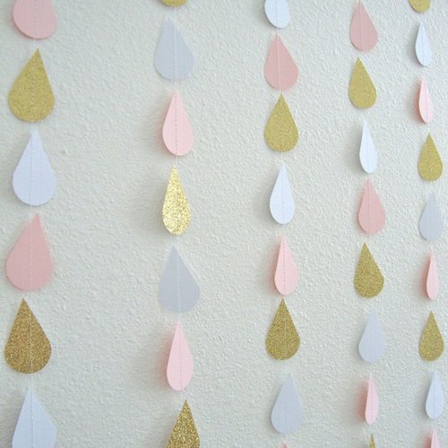 Bridal Shower Decoration, Blush and Gold Raindrop Garland, Pink Raindrop Bunting, Elegant Bridal Shower Backdrop, Blush Pink Gold Wedding